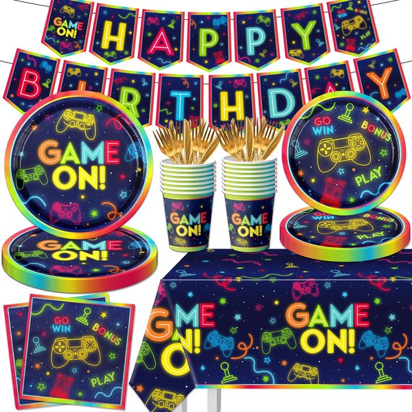 142pcs hei di Video Game Party Tableware Supplies Set, 142pcs Game On Birthday Party Supplies Include Video Game Plates and Napkins,Cups,Banner,Neon Game Tablecloth for Video Game Party Decorations
