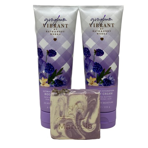 Bath & Body Works Gingham Vibrant 2 pack Ultimate Hydration Body Cream with a Lavender Dream Bar Soap.