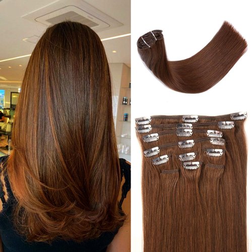 ManeMajesty 18 Inch Premium Remy Human Hair Clip in Hair Extensions Dark Brown - 100% Natural Human Hair 10pcs 100g - Double Weft Invisible Straight Clip in Hair Extensions for Women