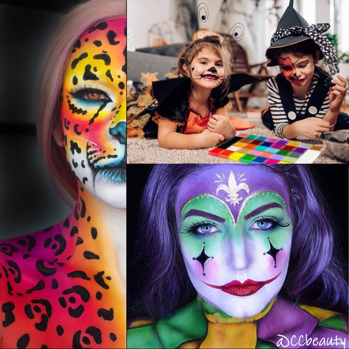 CCbeauty 36 Colors Face Body Paint Oil Based, Safe Neon Face Painting Palette Kit with Translucent Setting Powder,10 Black Brushes for Halloween SFX Special Effects Costume Cosplay Makeup