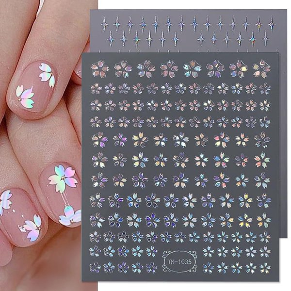 Flower Nail Art Stickers Decals Sliver Gold CheeryBlossom Nail Stickers 3D Laser Star Floral Spring Nail Art Decoration Supplies Adhesive Sliders Cherry Blossom Manicure Decals for Women Girls 6PCS