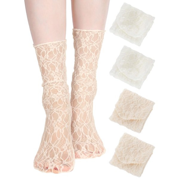 Geyoga 4 Pairs Women's Lace Ankle Socks Ruffle Frilly Socks Mesh Lace Loose Socks Slouch Socks Ankle High Socks for Women(White, Apricot, Medium)