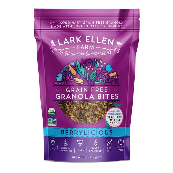 Lark Ellen Farm Grain Free Paleo Granola Bites Certified Organic Vegan Snacks and Cereal made from Sprouted and Activated Nuts and Seeds (Berrylicious, 8 Oz)