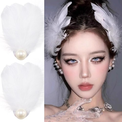 BENOSPACE 2 Pcs Feather Hair Clips White Pearl Swan Fly-Wing Hairpins Ballet Style Elegant Hair Barrettes Accessory for Women Girls 1920s Cosplay Show Dancing Party Stage Halloween Costume Headpiece