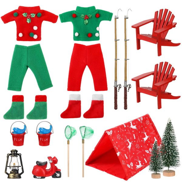 Bencailor 19 Pcs Christmas Elf Doll Accessories Set Include Elf Doll Fishing Outfit Camping Accessories for Elf Dollhouse Xmas Elf Clothes and Accessories Gifts for family, Doll Is Not Included