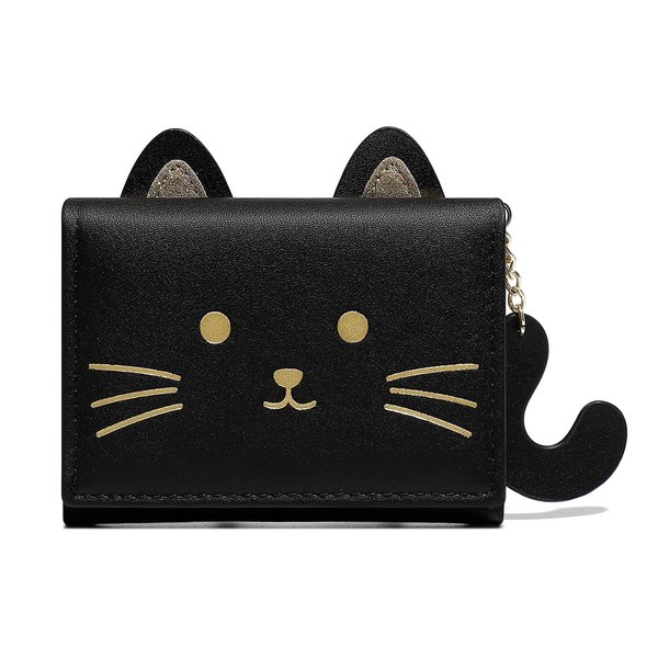 Sunwel Fashion Girls Cute 3D Cat Face Glitter Ears Wallet with Tail Tri-folded Wallet ID Card Case with Zipper Pocket (BLACK, CAT)