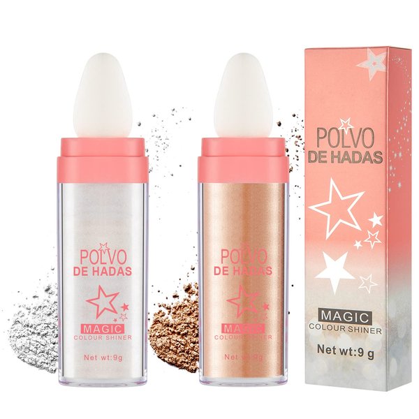 Highlighter Powder Stick Makeup 2Pcs Polvo De Hadas Body Glitter Shimmer Highlighter Powder High Gloss Blush Contour Powder Makeup Shine Face Powder Blush for Face Eyes Lips Hair Body Glow
