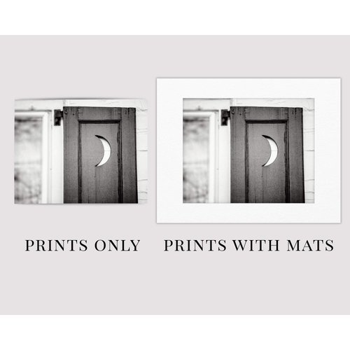 LISA RUSSO FINE ART - Black and White Bathroom Wall Art Set of 3 5x7” Unframed Prints - Rustic Farmhouse Soap, Outhouse Moon, Water Pump for Bath or Powder Room Wall Decor