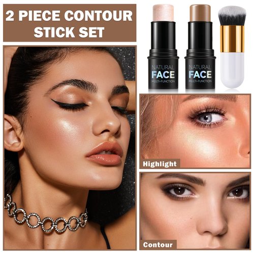 QIUFSSE Bronzer Stick Highlighter Stick Cream Contour Stick Makeup,2PCS Mineral Contour Kit with Contour Brush,Long Lasting & Smooth Highlighters Makeup Stick for Women-Medium