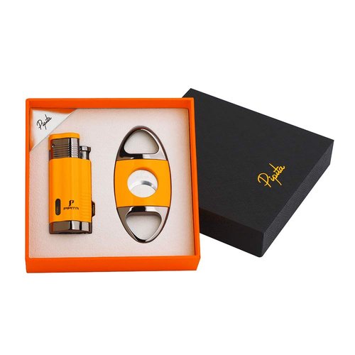 PIPITA Cigar Lighter and Cigar Cutter Set (2pcs/Set), Jet 3 Flame Cigar Lighter Torch and Cigar Cutter, Packing with Nice Gift Box