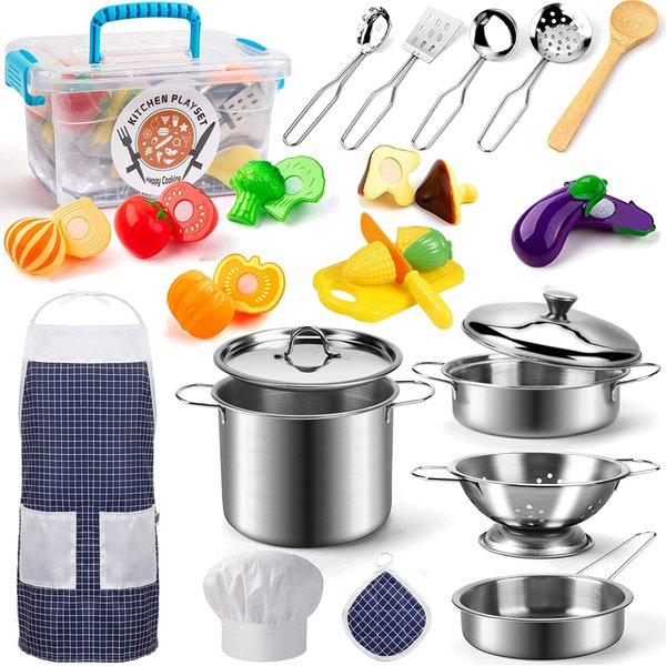 KODATEK Play Kitchen Accessories, Kids Kitchen Pretend Play Toys, Kitchen Set with Stainless Steel Cooking Utensils Cookware Pots and Pans Set Healthy Vegetables, Knife, Apron, Little Chef Boys Girls