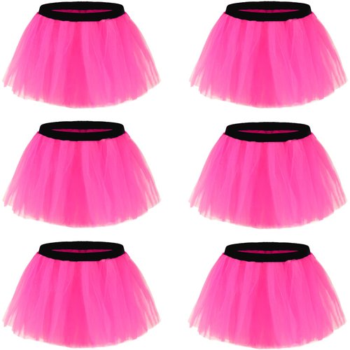 6 Pack Runner Tutu Skirts Women Tulle Skirt 3 Layered Elastic Puffy Tutus 80s Halloween Costume (6 Hot Pink (Waist 22"-38"))