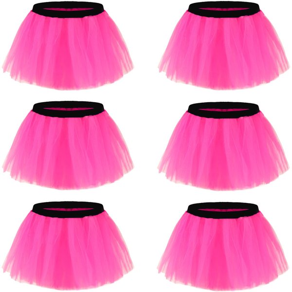 6 Pack Runner Tutu Skirts Women Tulle Skirt 3 Layered Elastic Puffy Tutus 80s Halloween Costume (6 Hot Pink (Waist 22"-38"))