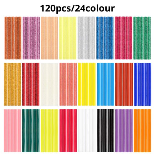 Gartful 120pcs Colored Glue Sticks - 0.28" x 3.9", Mini Size Melt Hot Glue Sticks in 24 Colors, 60pcs Colored + 60pcs Glitter, Multipurpose for Art Craft Project, General Repair, Bonding, Sealing