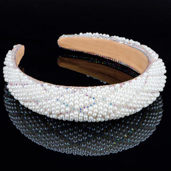 Tihebax Pearl Headbands for Women, White Headband Women Beaded Headband Bridal Headband for Wedding Padded Headaband Women Faux Pearl Hair Accessories Bridal Hair Hoop with Glitter Crystal Rhinestones