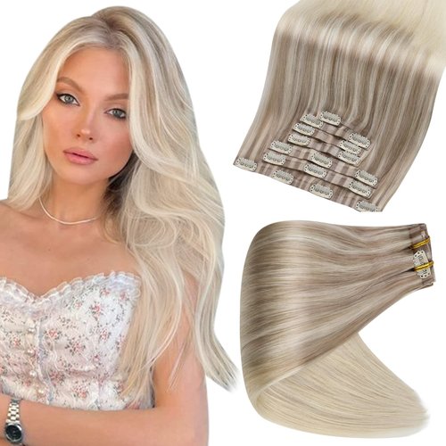 Full Shine Balayage Clip in Hair Extensions Blonde Human Hair Ash Blonde Mix Platinum Blonde Color 18/22 to 60 Blonde Clip in Extensions Real Human Hair Pu Weft 8Pcs 120Grams 16 Inch
