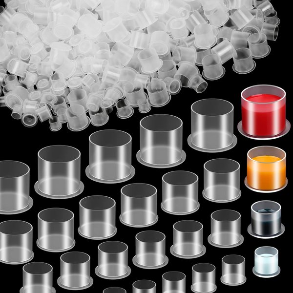 600 Pcs Ink Caps for Tattooing, 4 Sizes Stable Tattoo Ink Cups with Wider Flat Base Spill-Proof Clear Disposable Tattoo Supplies for Holding Tattoo Ink Mixing Eyebrow Pigments (11/14/17/20mm)