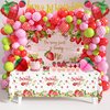 Strawberry First Birthday Party Decoration Pack for Girls Sweet One Shortcake Party Supplies 84 Pcs (Backdrop, Tablecloth, Banner, Crown, Cupcake Toppers, Honeycomb Decor, Balloons) (Sweet One)