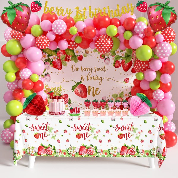 Strawberry First Birthday Party Decoration Pack for Girls Sweet One Shortcake Party Supplies 84 Pcs (Backdrop, Tablecloth, Banner, Crown, Cupcake Toppers, Honeycomb Decor, Balloons) (Sweet One)