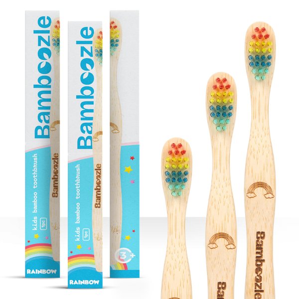 Bamboozle Eco-Friendly Toothbrush for Kids- Sustainable Bamboo Design, Biodegradable & Stylish Oral Care Solution (Rainbow, Pack of 3)