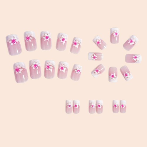 French Tip Press on Nails Medium Acrylic Nails with Flowers Design Square Fake Nails Pink Flower Nails Kit Glossy Artificial Nails Full Cover False Nail Stick on Nails for Women Nail Art Decoration