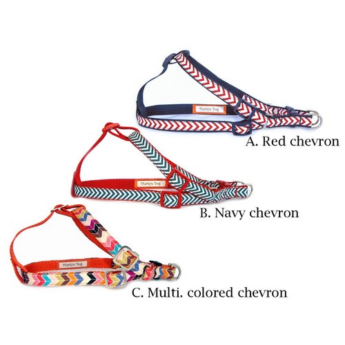 Chevron Dog Harness. Contrast Colored Chevron Cotton 100% Fabric on Nylon Back pet Harness. Red, Navy Blue or Multi Color Chevron Step in Dog Harness. Designer Dog Harness. Hand Made in USA.