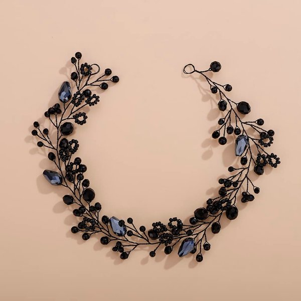 Teyglen Wedding Bride Rhinestones Crystal Headband Hair Vine Handmade Bridal Black Crystal Beads Headband Wedding Hair Accessories for Brides Hair Pieces Headpieces for Women Girl (Black)