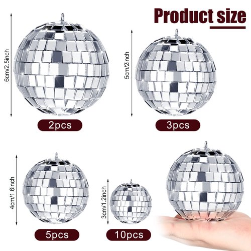 20 Pcs Hanging Mirror Disco Ball Ornaments Mardi Gras Assorted Silver Mini Glass Disco Balls Decoration Different Sizes Reflective with Rope(2.4 Inch, 2 Inch, 1.6 Inch, 1.2 Inch)