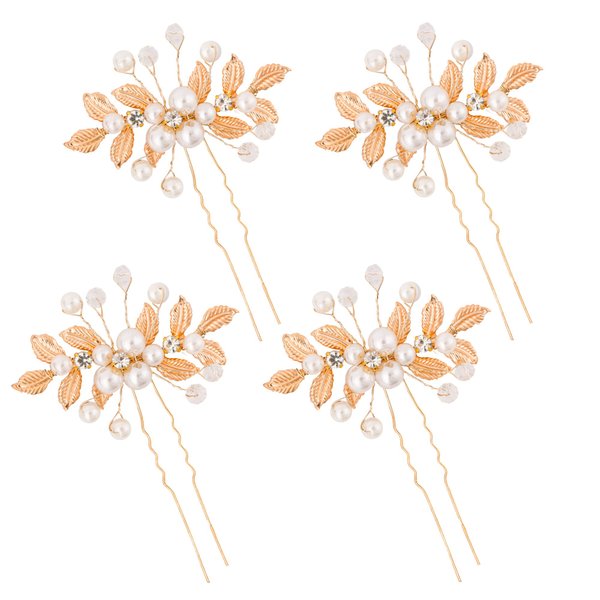 WBCBEC Hair Pins 4pcs, Pearl Floral Crystal Hair Accessories for Brides Bridesmaids Flower Girls(Gold)