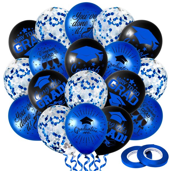 Whaline 60Pcs Graduation Party Balloon Set 7 Designs Confetti Latex Balloon with 2 Rolls Ribbon Grad Cap Congrats Grad Balloon for Graduation Party Decoration Supplies (Blue, Black)