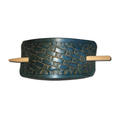 Flowers Basket BLUE ANTIQUED - BIG LEATHER Hair Bow Stick Pony Tail Bun Holder