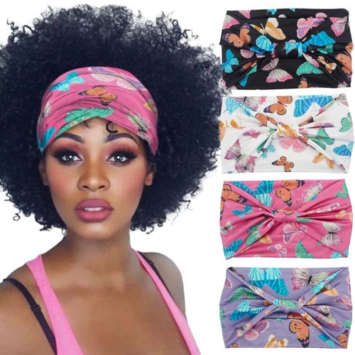 Aceorna Boho Butterfly Headbands Stretch Knotted Hairbands Floral Printed Hair Bands Elastic Turban Head Wraps Wide Head Bands for Women and Girls Pack of 4 (Butterfly A)