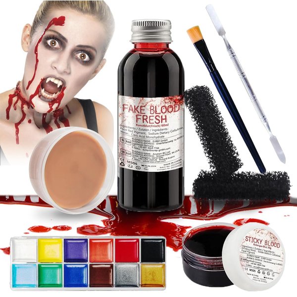 Special Effects SFX Halloween Makeup Kit - Fake Blood + Coagulated Blood Gel + 12 Colors Bruise Makeup Face Body Painting Palette with Brush + Scar Wax with Dual-ended Spatula Tool + Stipple Sponges