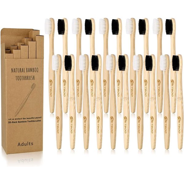 ECOETBOO Bamboo Toothbrushes Medium Bristles for Adult, 20 Pack Family Bulk Toothbrushes Set Natural Organic Wooden Tooth Brush Charcoal Wood Handle Tooth Cleaning Brush