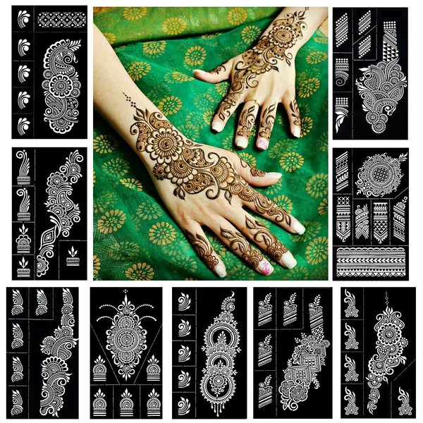 QSTOHENA Reusable Henna Tattoo Stencils Kit, Mehendi Stencils for Hands Forearm Glitter Airbrush DIY Tattooing Template,9 Sheet Indian Temporary Tattoo Stickers for Women Girls（8.2" x 4.7"）