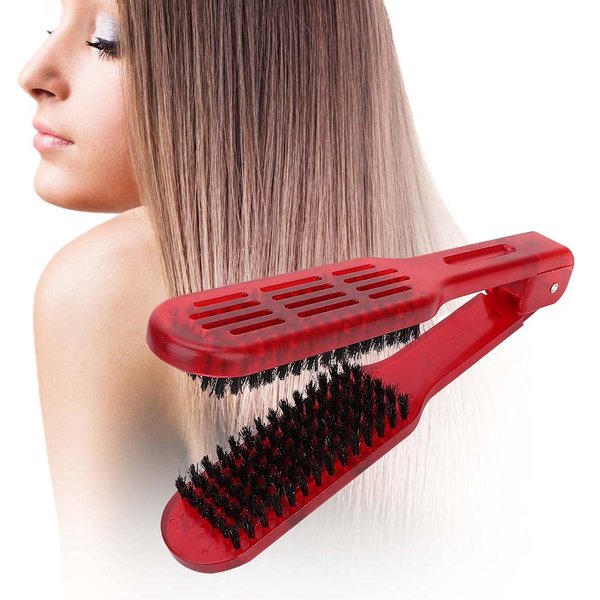 Double Sided Brush, Clamp Hair Brush Straightener Anti Static Styling Comb Hairdressing Tool V Shape Hair Splint Combs Women Men Brushes Double Sided Straightening Brush for Home Barber Shop(Red)