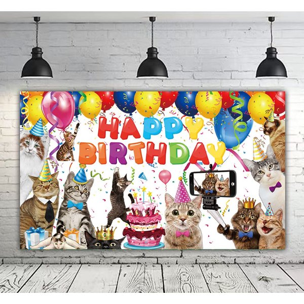 6 X 3.6ft Cat Happy Birthday Backdrop Cat Birthday Sign Banner Kitties Birthday Party Supplies Decoration Pet Cat Paw Theme Birthday Backdrop Children Kids Cat Themed Birthday Party Supplies