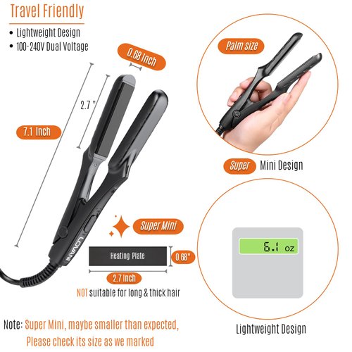 LOVANI Mini Flat Iron, Tourmaline Ceramic Small Hair Straightener, Dual Voltage Travel Hair Iron for Worldwide Use, Portable Mini Straightener with Insulated Bag
