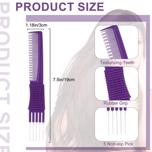 AxiyanX 2PCS Metal Comb,Hair Teasing Comb With Metal Prong,Comb With Metal Pick,Hair Picks for Women,Teasing Combs for Women,Teasing Comb for Fine Hair(black and Purple)
