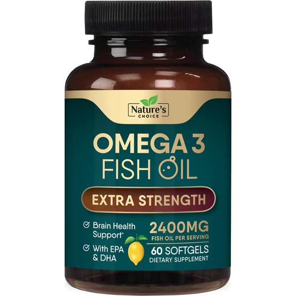 Triple Strength Omega 3 Fish Oil 2400 mg Supplement, Nature's Omega-3 Supplements, Brain & Heart Health Support - EPA & DHA, Fish Oil in Each Softgel, Fatty Acids Fish Oil Supplement - 60 Softgels