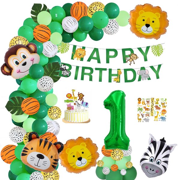 Jungle Theme Balloon Arch Kit for 1 Year Old Baby Boy Girl, Green Happy Birthday Banner Balloons Garland, Safari Shower Party Supplies Decorations 105pcs Wild Jungle Theme Party Supply Animal Balloon