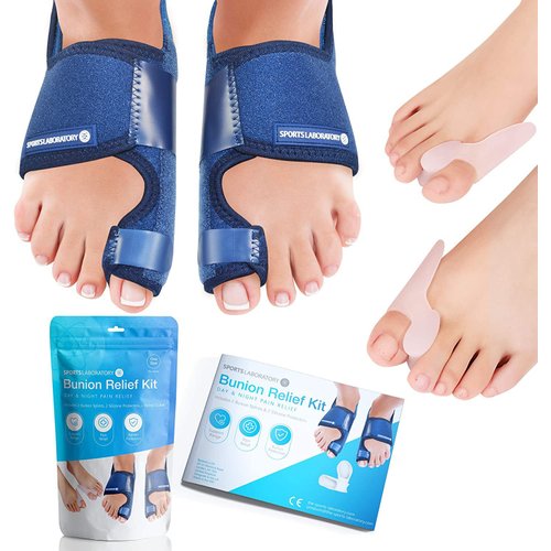 Sports Laboratory Bunion Corrector for Women and Men - Orthopedic Bunion Splints, Big Toe Straighteners and Bunion Relief Guide - Day and Night Support - Adjustable Size (Blue)