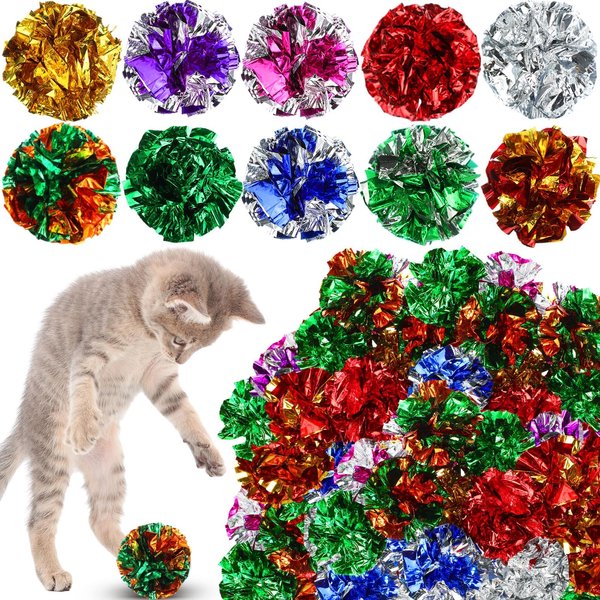 Silkfly 50 Pcs Polyester Film Crinkle Balls Cat Toys 2.36 Inch Interactive Crinkle Ball, Colorful Balls Chew and Chase Cat Ball Toys Attract Cats for Indoor Cats and Kittens to Keep Fit and Active