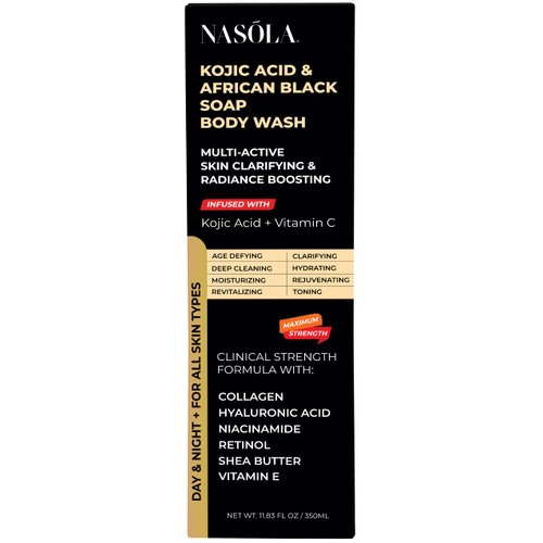 Nasola Kojic Acid African Black Soap Body Wash Authentic with Vitamin C, Shea Butter, Collagen, Niacinamide, Hyaluronic Acid, and Vitamin E - 11.83 Fl Oz