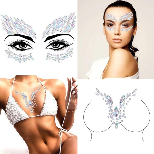 Blindery Rhinestone Face Jewels Rave Festival Face Gem Mermaid Chest Gem Crystal Eyes Face Stickers for Women and Girls 2PCS