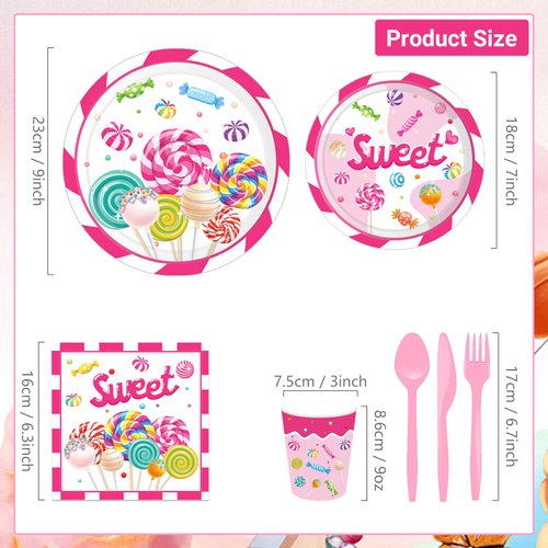71 Pcs Candyland Party Supplies, Candy Tableware Set Serves for 8 Guests, Candy Tablecloth Lollipop Plates Spoons Knives Forks Napkins for Girls Kids for Baby Shower Lollipop Birthday Party Decor