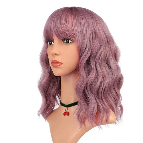 eNilecor Purple Wig Short Colorful Curly Curly Wavy Bob Wigs with Air Bangs 14" Natural Synthetic Wigs for Women (Taro Purple)
