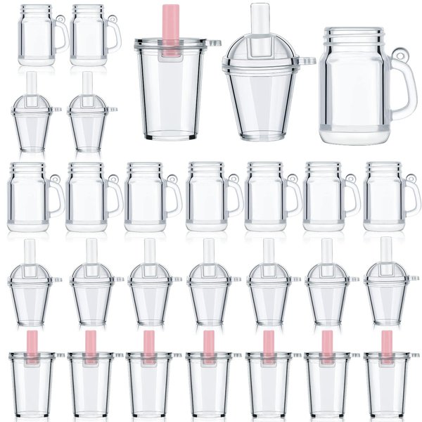 30 Pieces Mini Coffee Cup Keychain Dollhouse Mini Coffee Cups for Crafts Miniature Transparent Cup with Lids Jewelry Making Ice Cream Dollhouse Mini Cups for Doll Dollhouse Simulation Crafts DIY