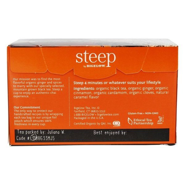 steep Organic Chai Black Tea 20 Count Box (Pack of 1), Certified Organic, Gluten-Free, Kosher Tea in Foil-Wrapped Bags