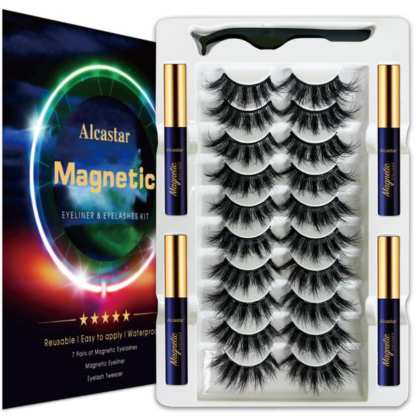 Alcastar Magnetic Eyelashes with Eyeliner Kit, Magnetic Lashes Natural Looking with, Reusable,Long Lasting, Easy Apply,Cruelty-Free.